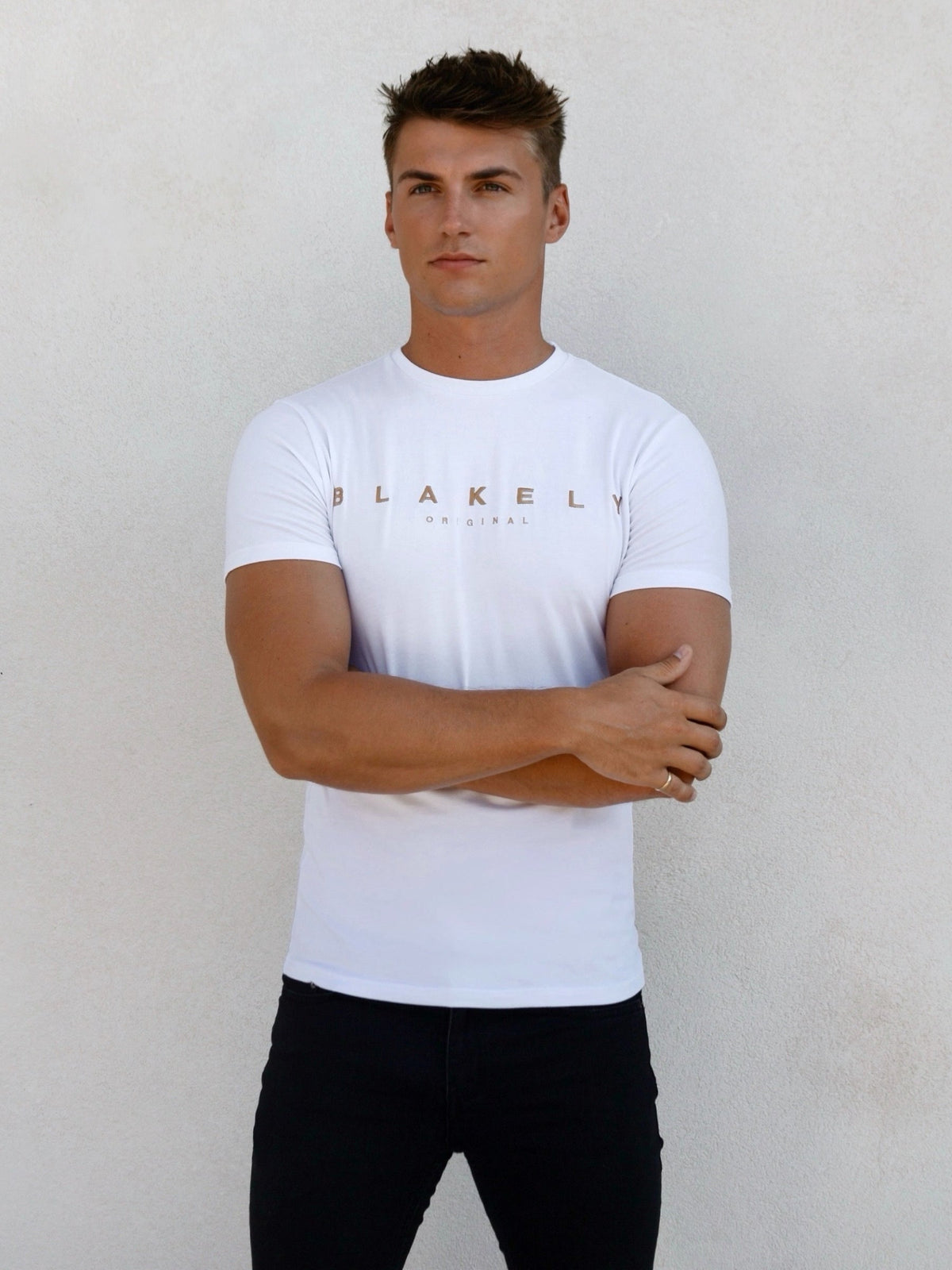 Blakly Gold Printed White Mens Cotton T-Shirt