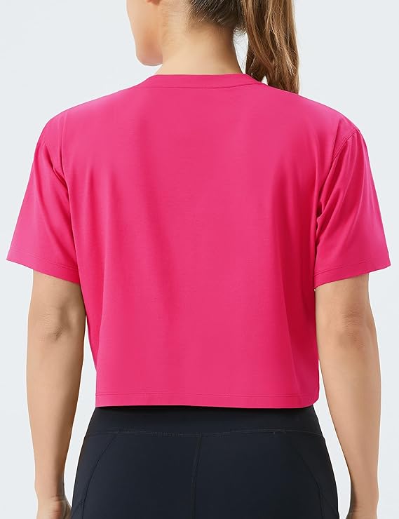 Women's Workout Crop Top T-Shirt Yoga Running Cropped Basic Tee Pink - Back View - AceCart