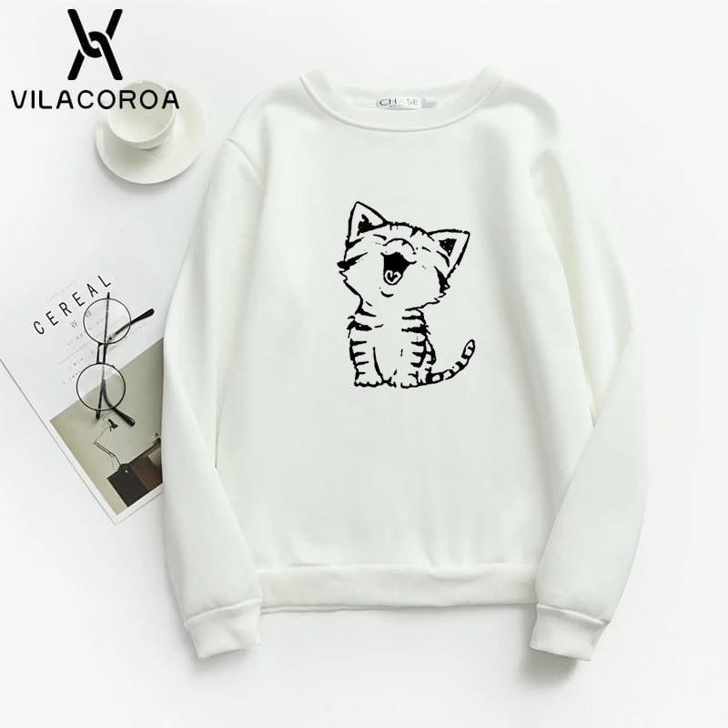 Cat Printed Fleece Full Sleeves Pull Over Sweatshirt For Women