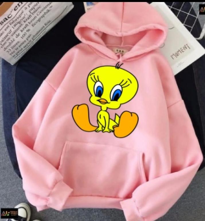 Tweety Printed Fleece Full Sleeves Pull Over Hoodie For Women