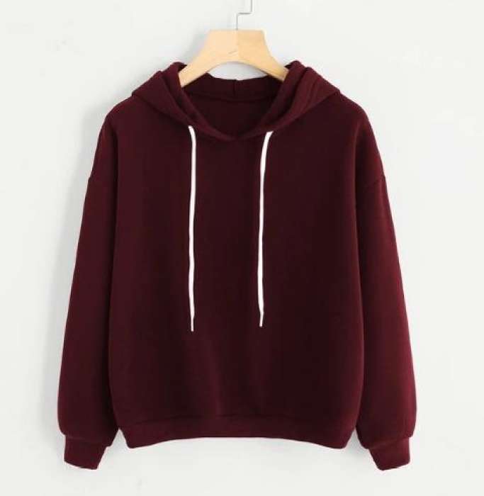 Drop Shoulder Basic Hoodies Burgundy Plain Tops 2018 Fall Womens Long Sleeve Drawstring Sweatshirts - AceCart Warm Hooded Sweatshirt in Maroon