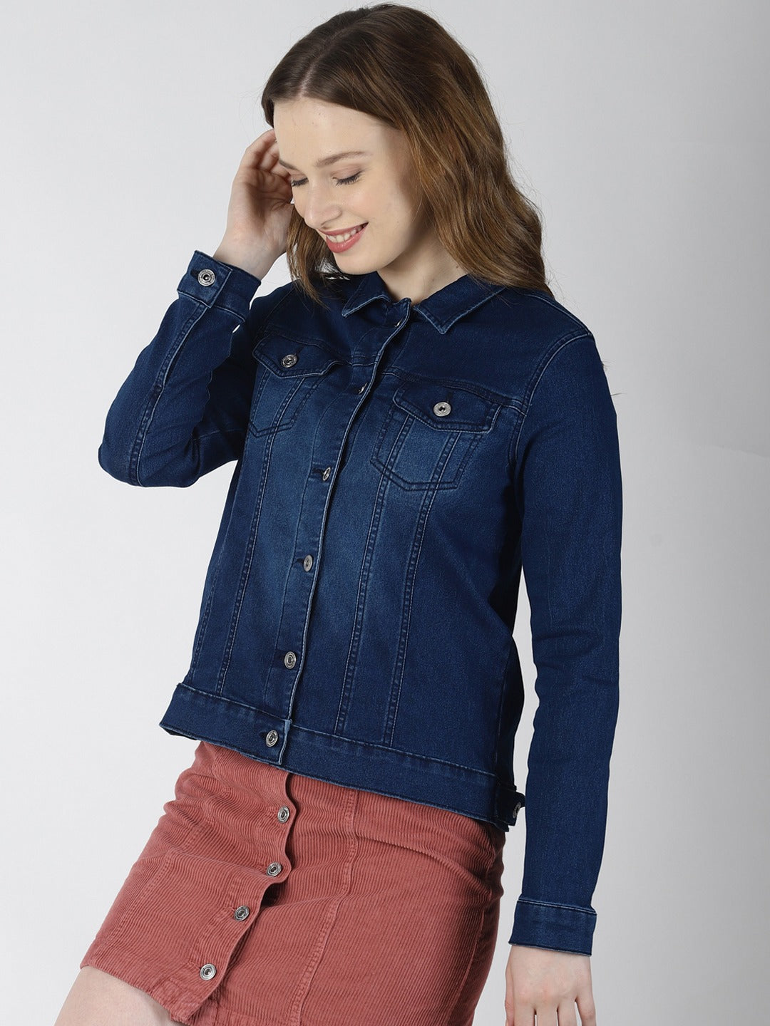 Women Dark Blue Solid Jacket  - Front View - Available in Sizes M