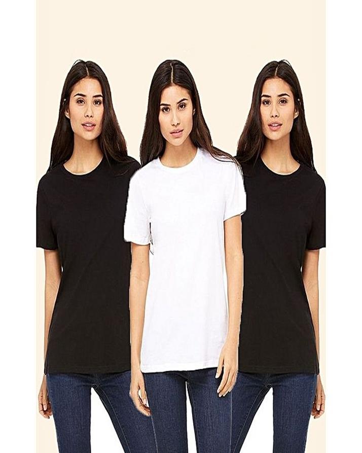 Pack of 3 - BlackBlack and White Plain T-Shirts For Her - Front View - AceCart