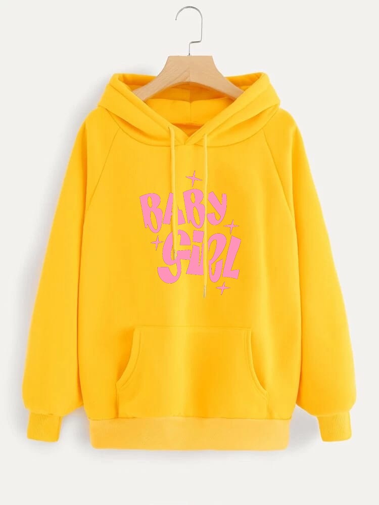 Yellow Baby Girl Printed Fleece Full Sleeves Pull Over Hoodie For Women