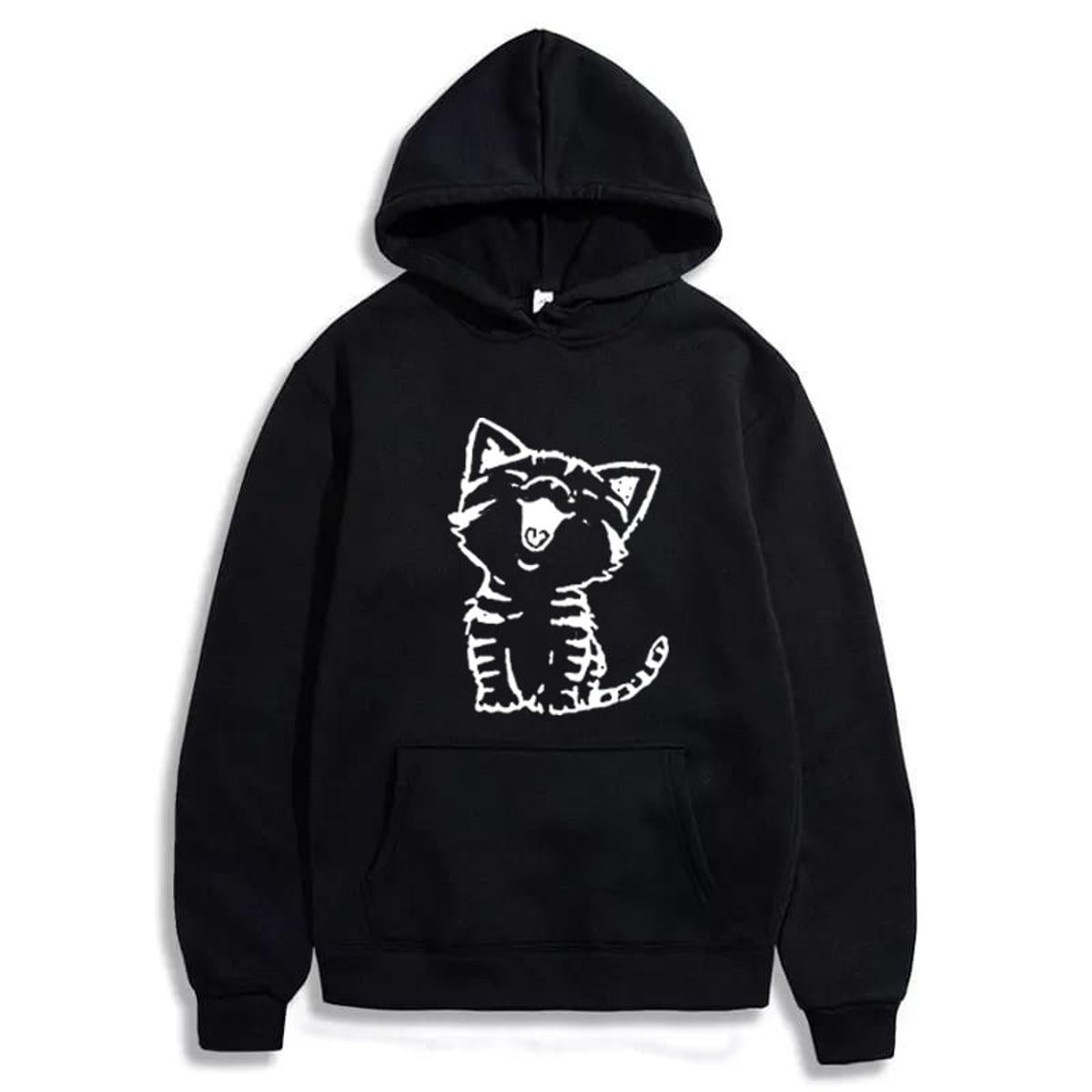 Fluffy Cat Printed Fleece Full Sleeves Pull Over Hoodie For Women