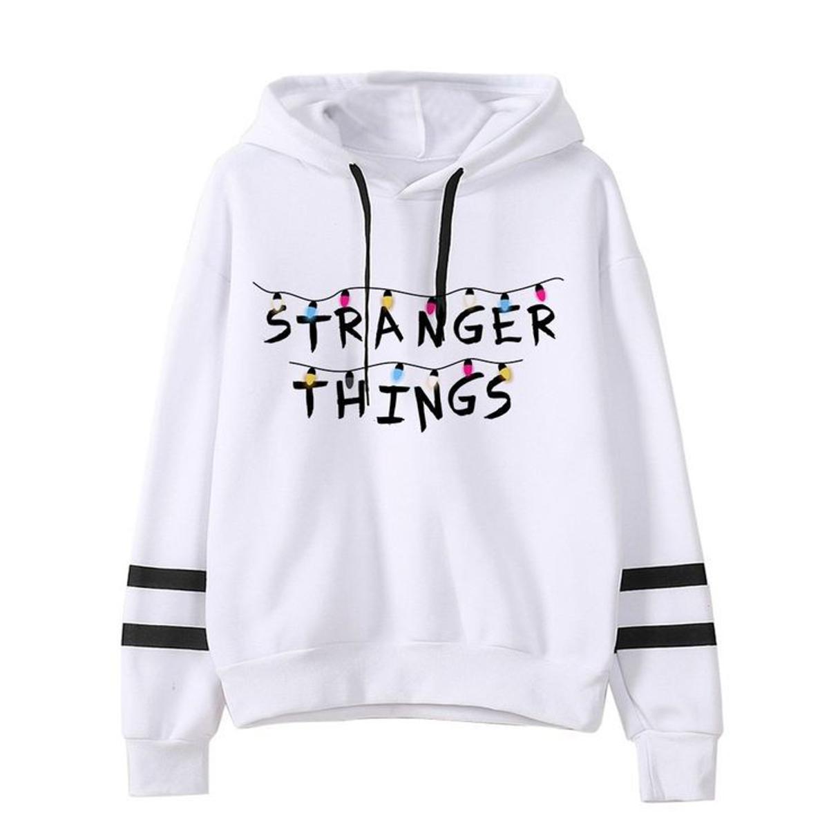 White Stranger Things Printed Fleece Full Sleeves Pull Over Hoodie For Women