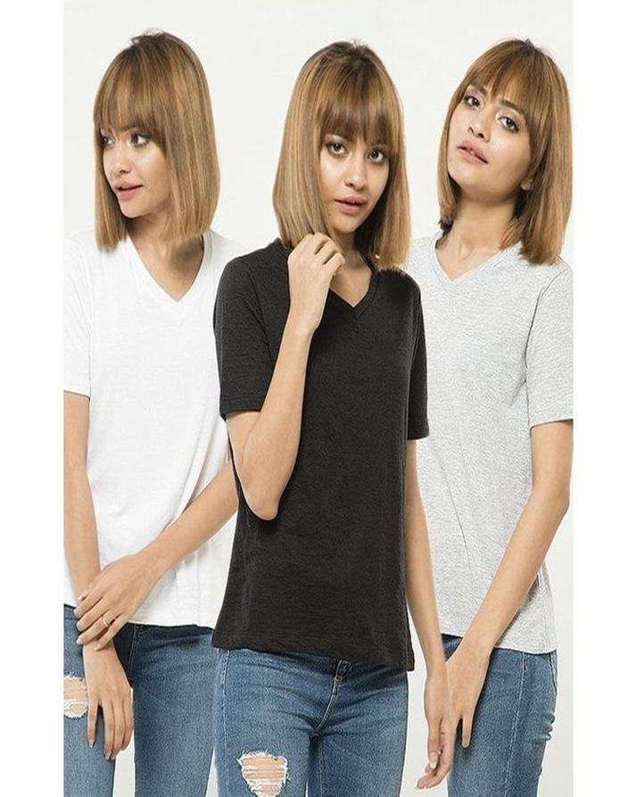 Pack of 3 -BlackWhite and Grey Cotton V-Neck T-Shirts For Her - Front View - AceCart