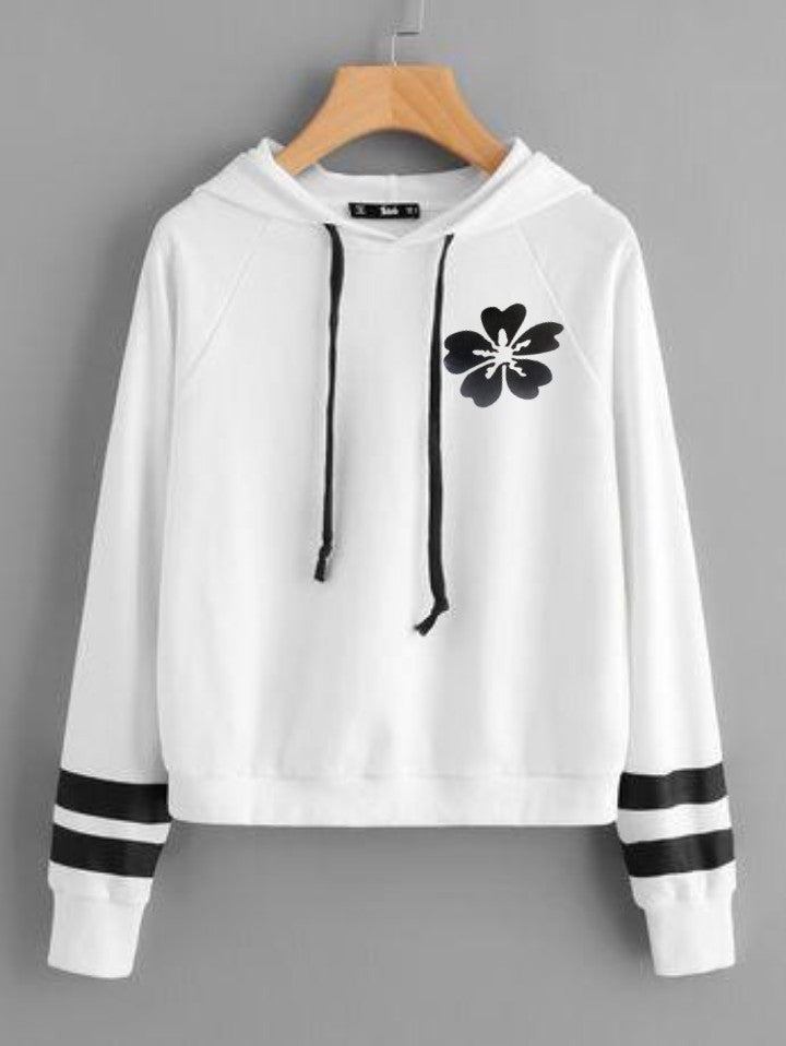 White Flower Fleece Full Sleeves Pull Over Hoodie For Women