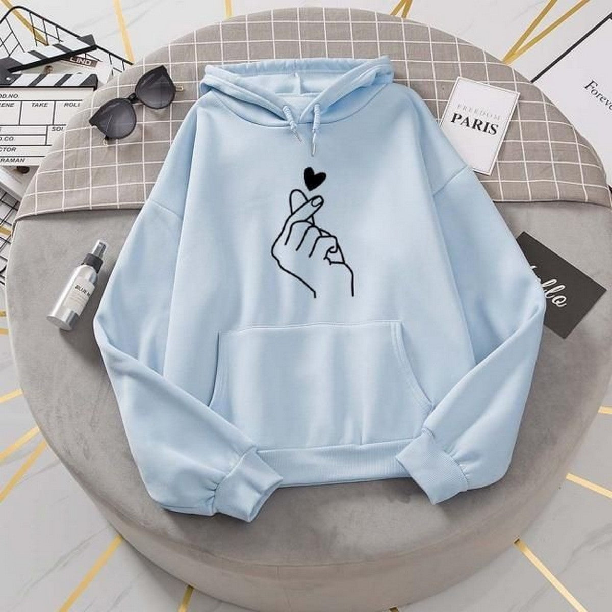 Love Charm Sky Blue Fleece Full Sleeves Pull Over Hoodie For Women