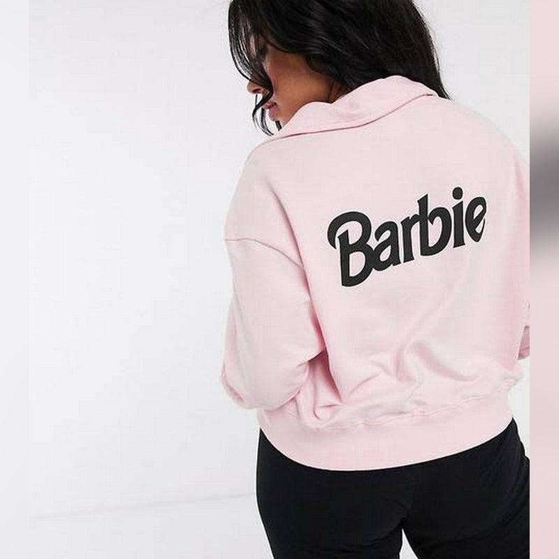 Pink Barbe Printed Fleece Full Sleeves Pull Over Hoodie For Women