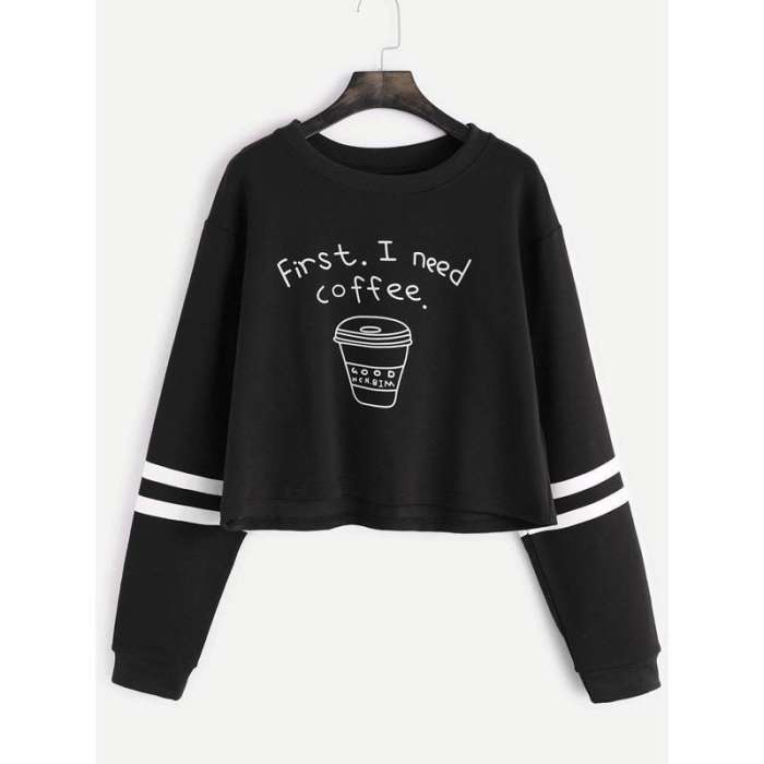 I Need Coffee Crop Printed Fleece SweatShirt for - AceCart Warm Hooded Sweatshirt in Black