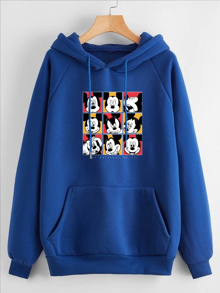 Mickey Mouse Face Printed Fleece Full Sleeves Pull Over Hoodie For Women