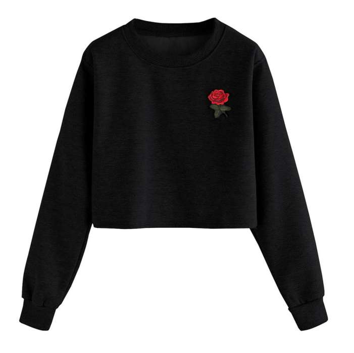 Rose Basic Pullover Crop Sweatshirt For Women Round Neck Long Sleeve - AceCart Warm Hooded Sweatshirt in Black