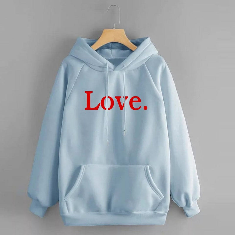 Love Printed Fleece Full Sleeves Pull Over Hoodie For Women