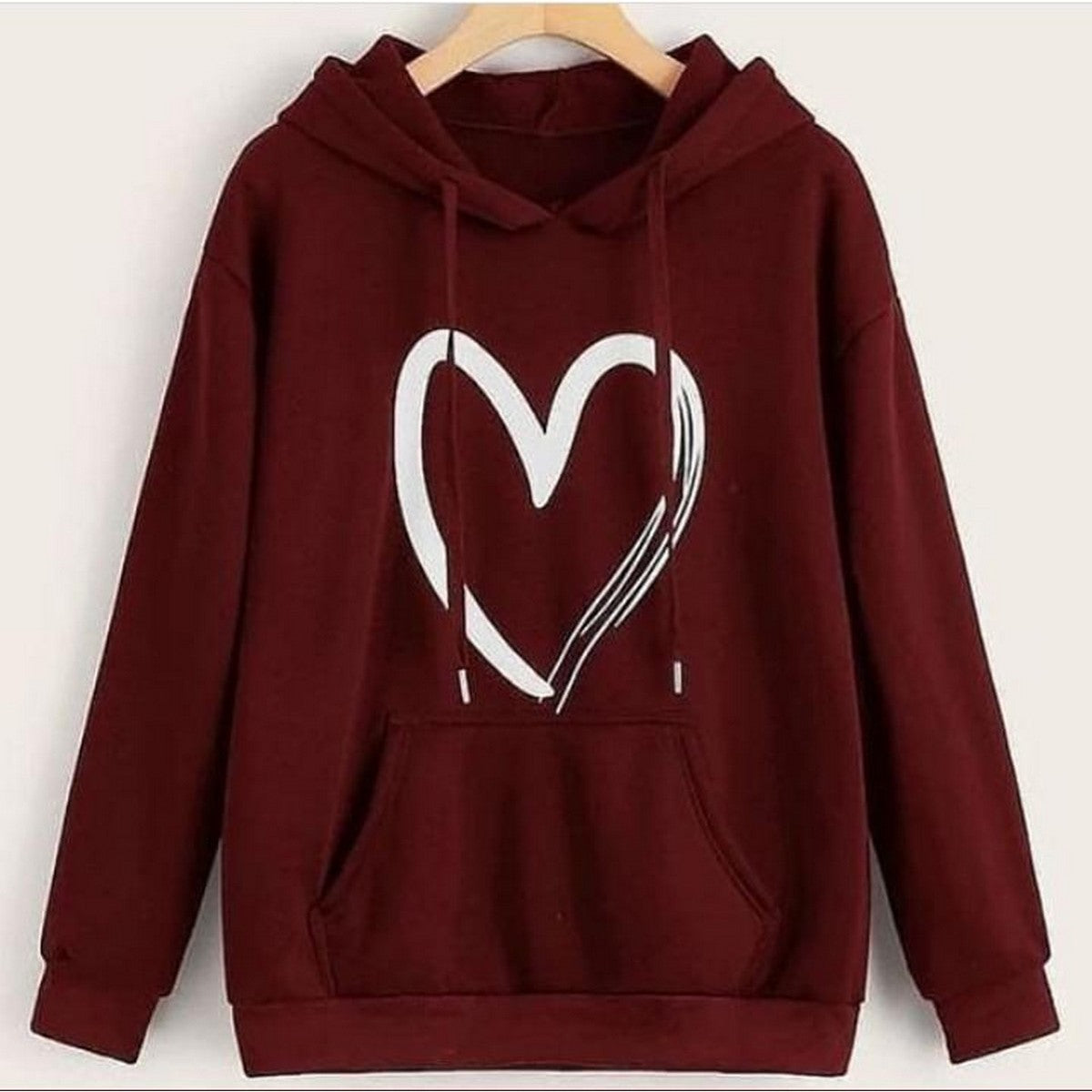 Maroon Heart Printed Fleece Full Sleeves Pull Over Hoodie For Women