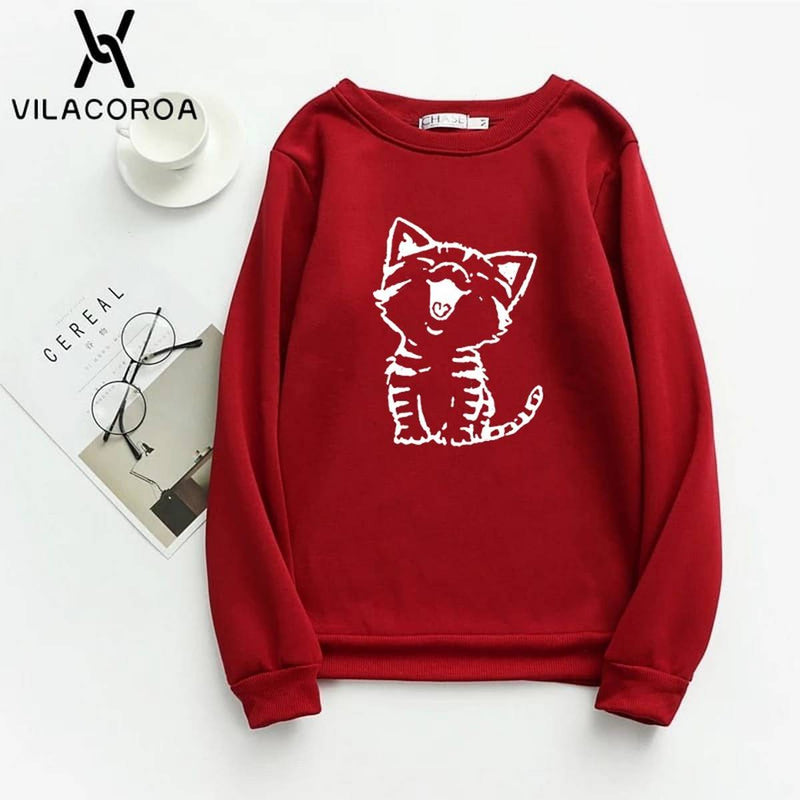 Cat Printed Fleece Full Sleeves Pull Over Sweatshirt For Women