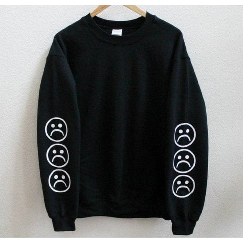 Black Sad Face Printed Fleece Full Sleeves Sweatshirt