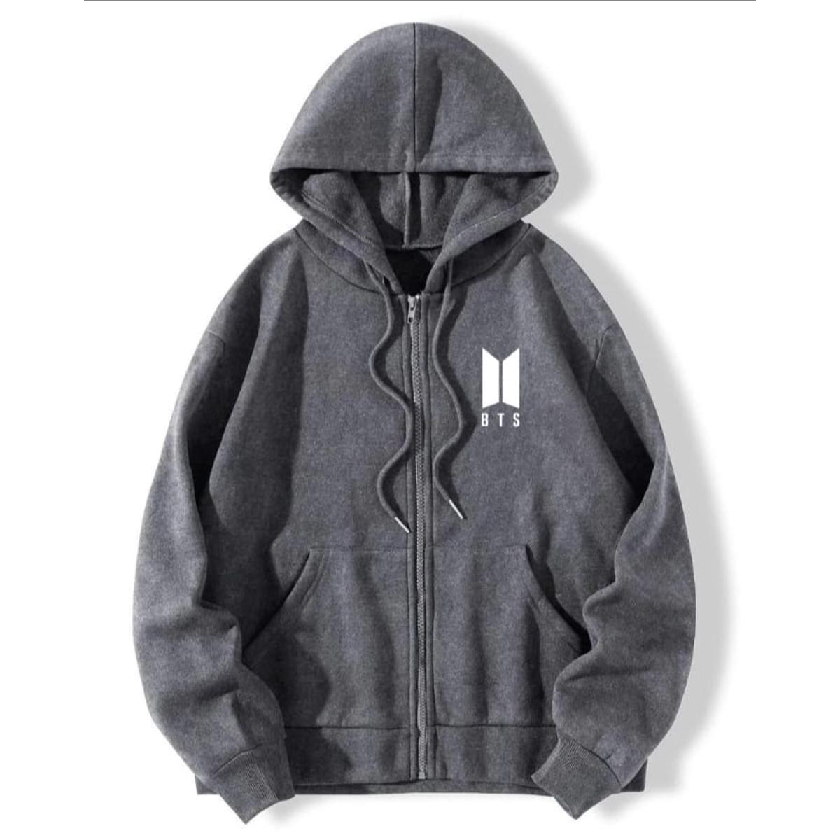 Charcoal BTS Fleece Full Sleeves Zipper Hoodie For Women