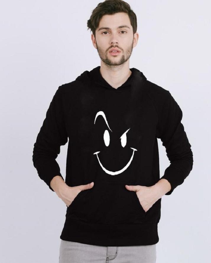 Black Cotton Hoodie Smile Face  Fit Sweatshirt For Mens