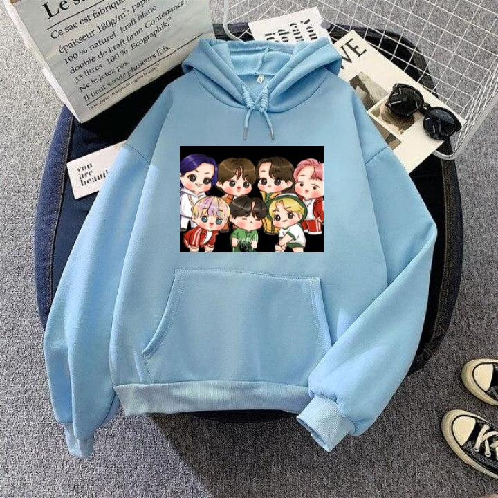 BTS Anime Fleece Full Sleeves Pull Over  Hoodie For Women