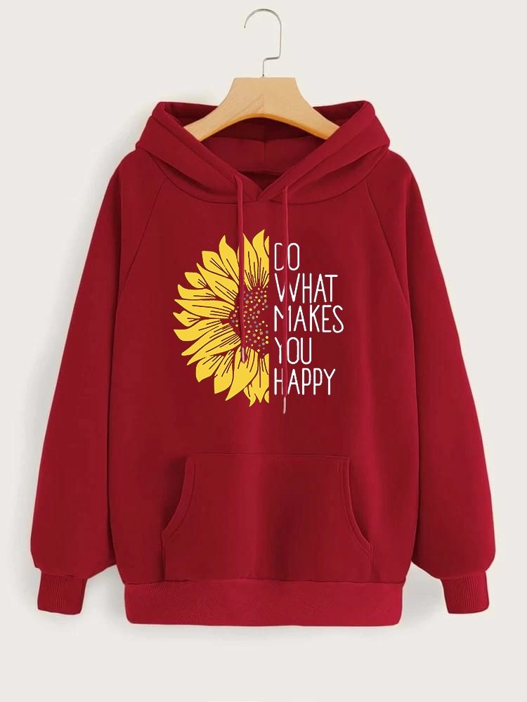 Do WHat Makes You Happy Printed Fleece Full Sleeves Pull Over Hoodie For Women