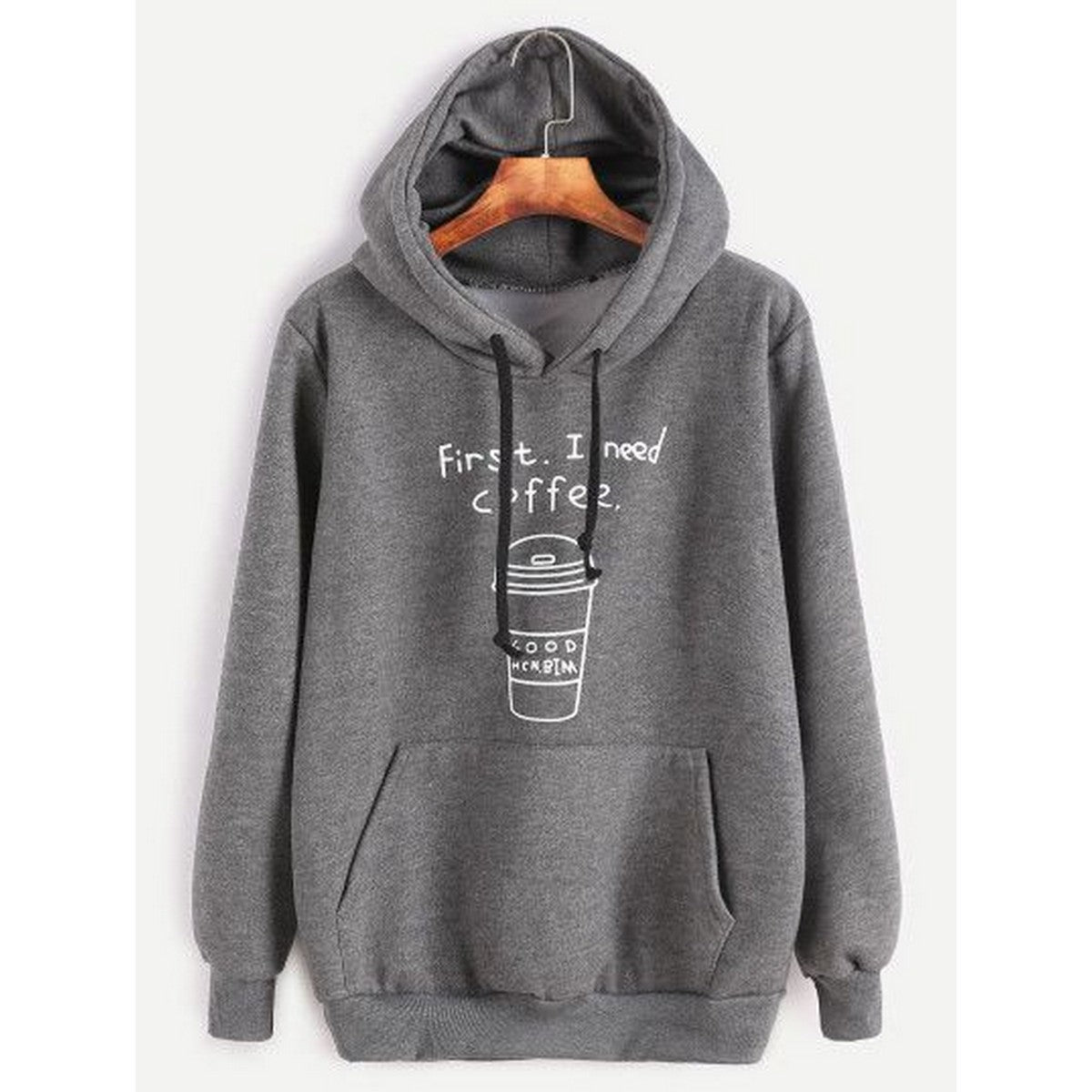 Grey First I Need Coffee  Printed Fleece Full Sleeves Pull Over Sweatshirt For Women