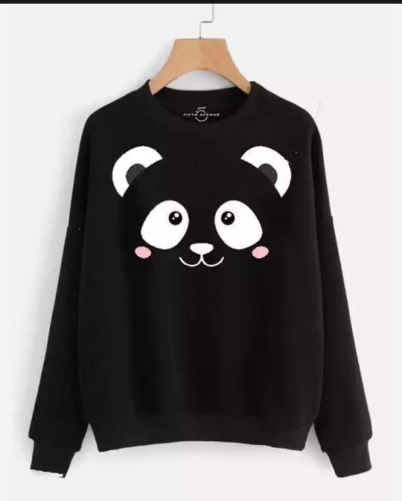 Black Panda Printed Fleece Full Sleeves Pull Over Sweatshirt For Women