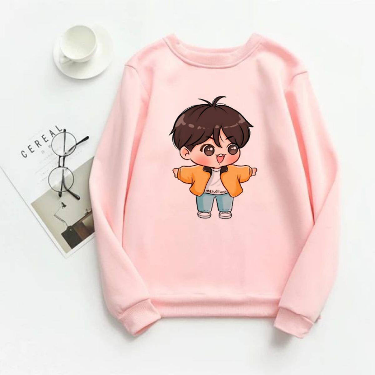 Pink Anime Cute Cartoon Printed Fleece Full Sleeves Sweatshirt For Women