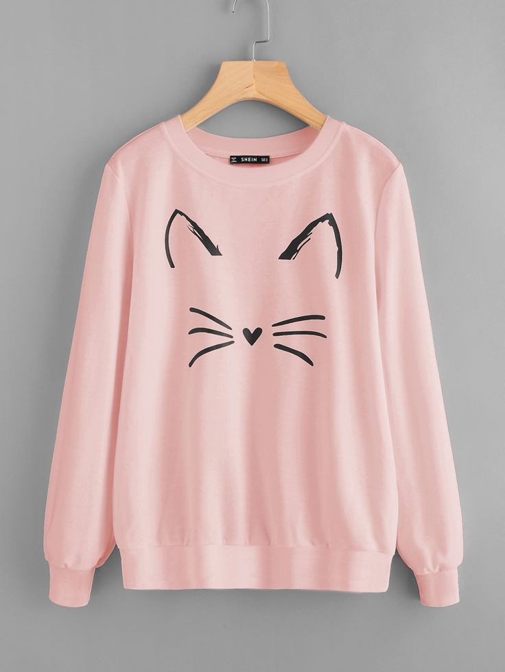 Cat  Printed Fleece Full Sleeves Pull Over Sweatshirt For Women