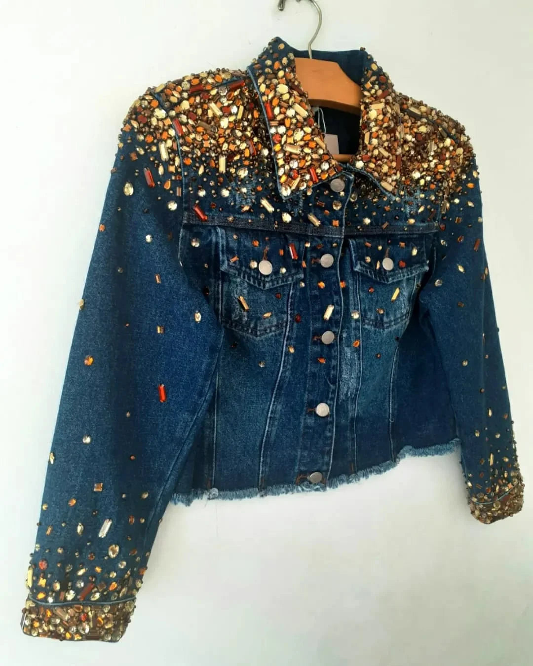 Women Crystals Denim Jacket Side View - Ace Cart