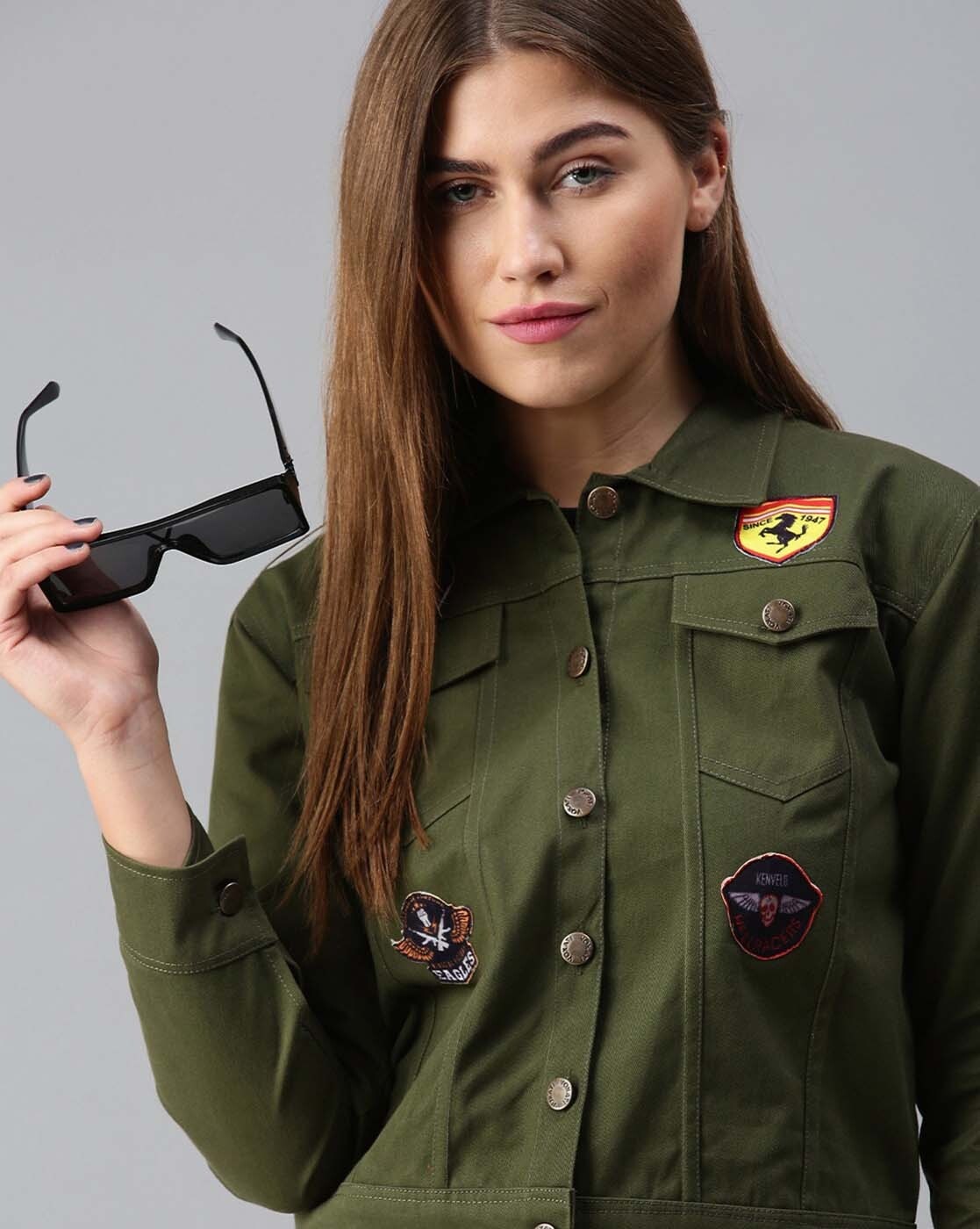 Women's Olive Green Denim Jacket With Badges Close Up - Ace Cart