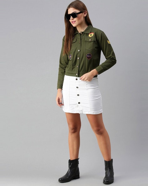 Women's Olive Green Denim Jacket With Badges Front View - Ace Cart