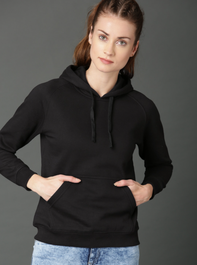 Ace Women Black Solid Hooded Sweatshirt