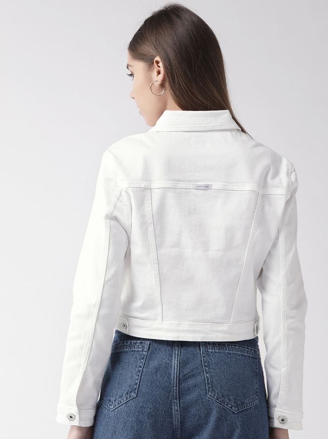 Women White Solid Denim Jacket  - Front View - Available in Sizes XL