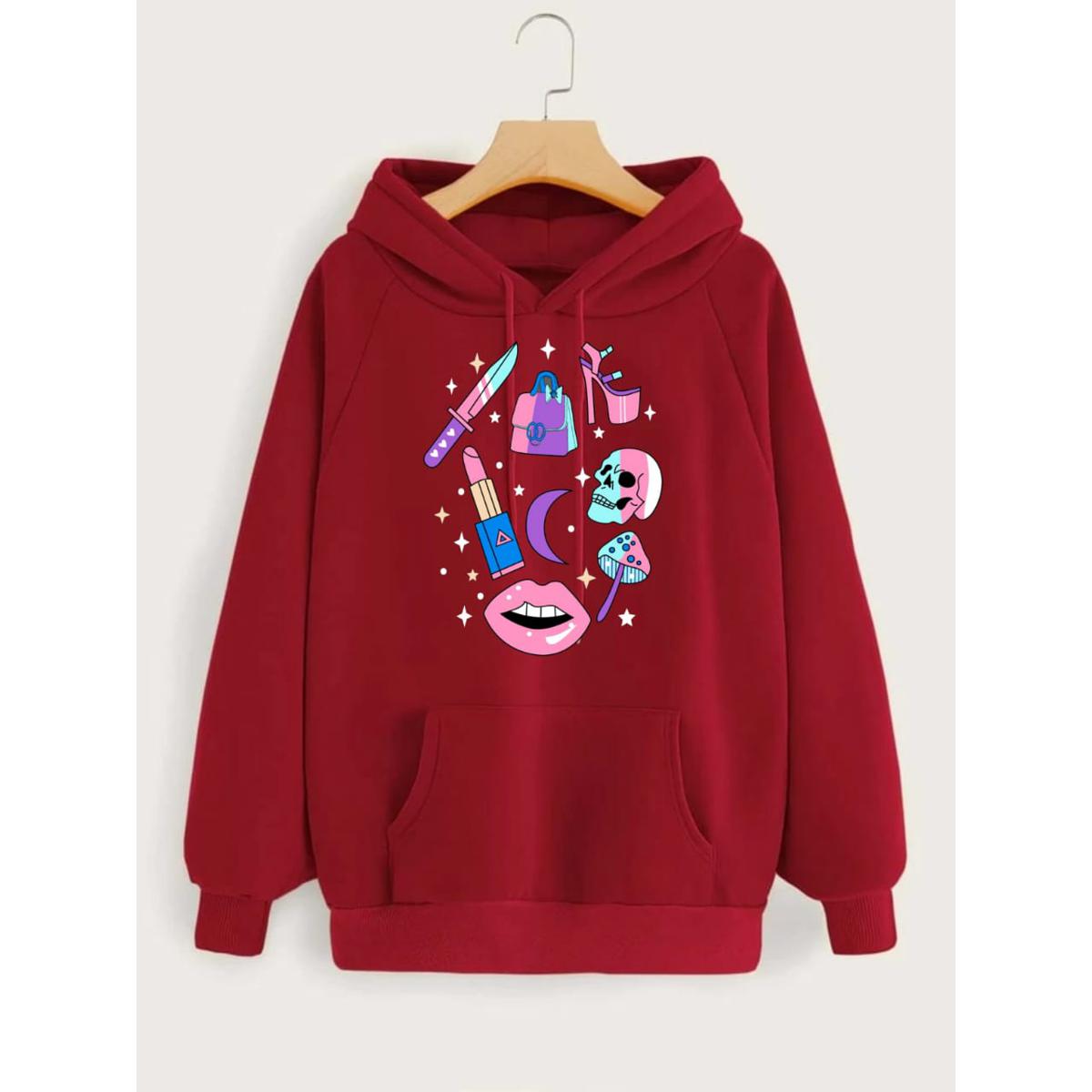 Make Up Printed Fleece Full Sleeves Pull Over Hoodie For Women