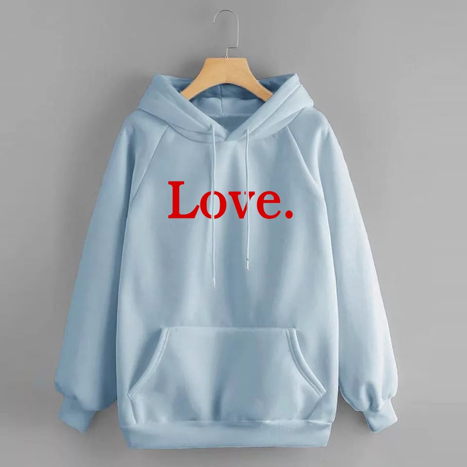 Love Printed Fleece Full Sleeves Pull Over Hoodie For Women