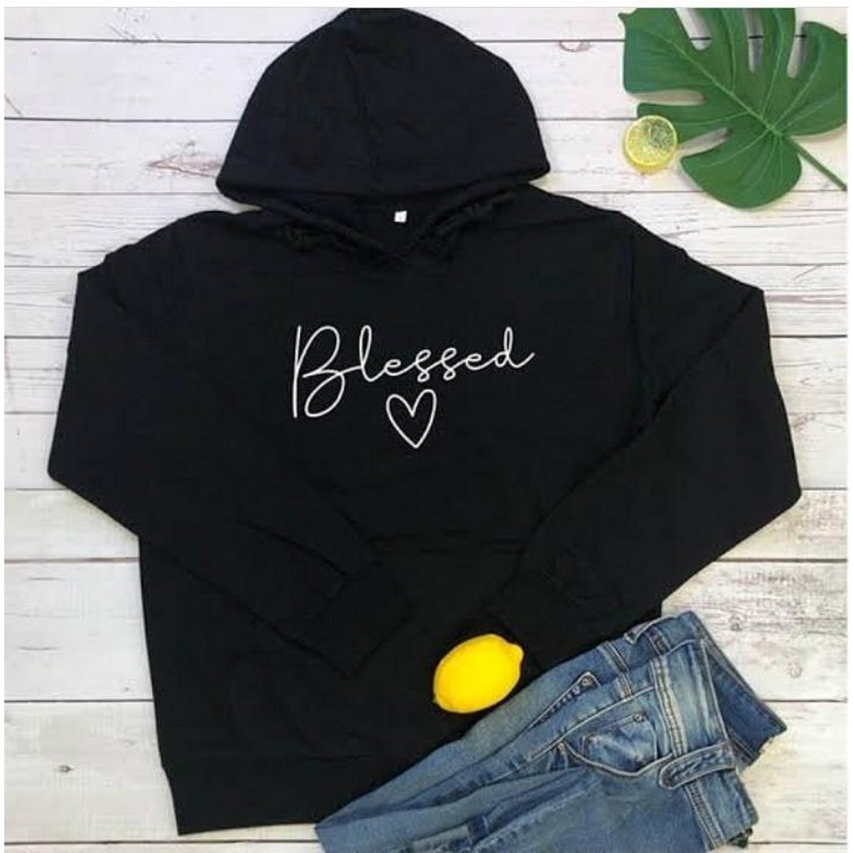 Black Blessed Printed Fleece Full Sleeves Pull Over Hoodie For Women