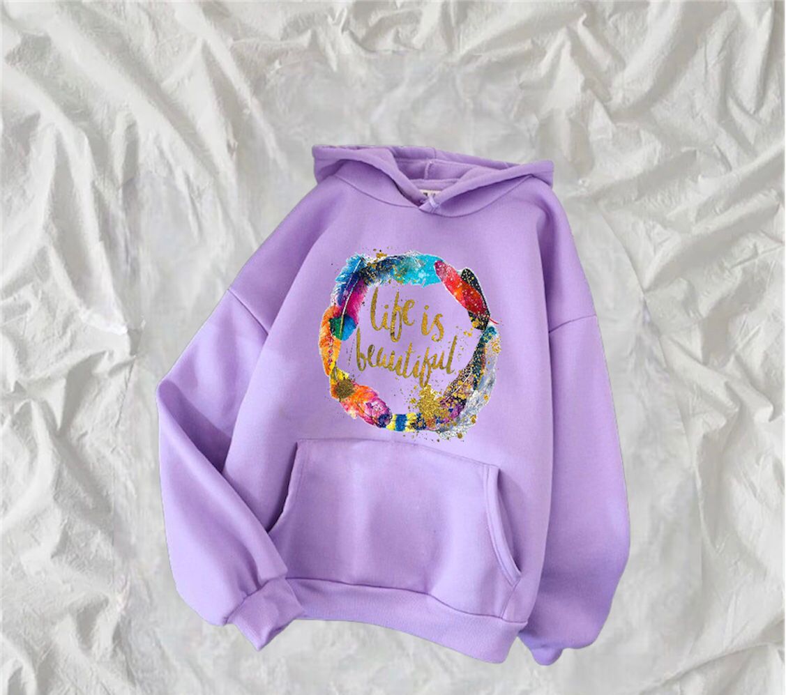 Life Is Beautiful Printed Fleece Full Sleeves Pull Over Hoodie For Women