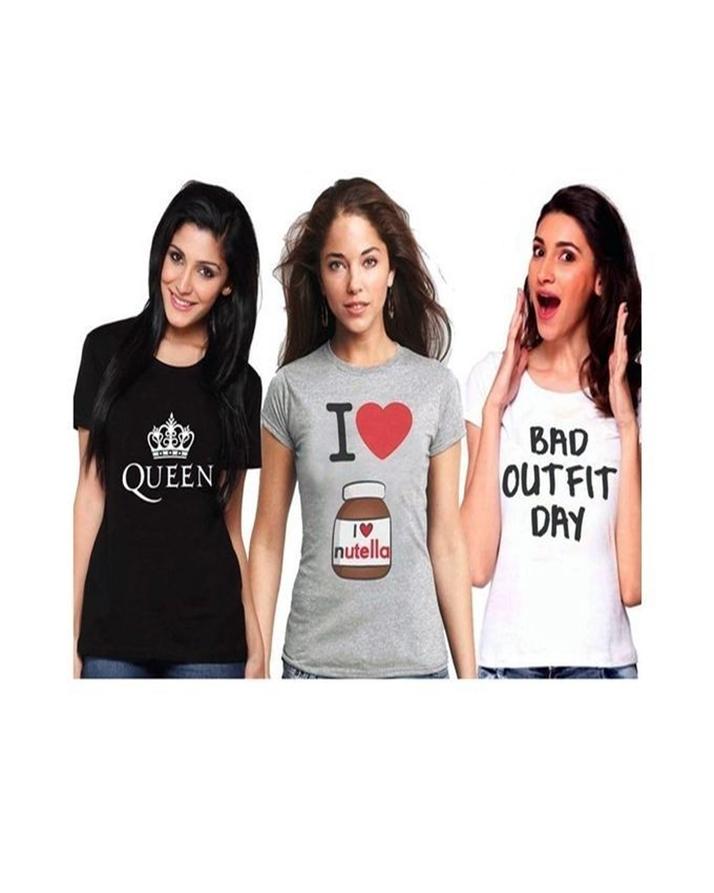 Pack of 3 - BlackGrey and White Cotton Printed T-Shirt For Her - Front View - AceCart