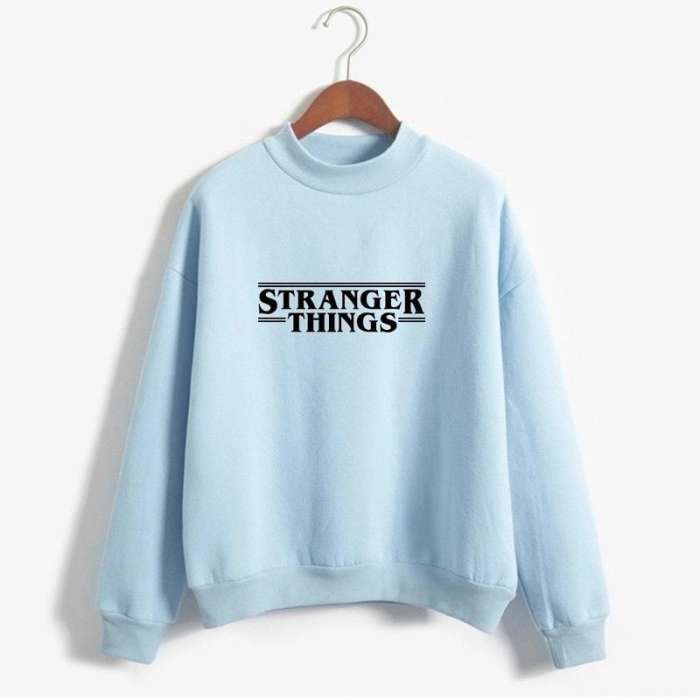 SKY BLUE Strangers Things Fleece Cotton Printed Sweatshirt For Women - AceCart Warm Hooded Sweatshirt in Blue