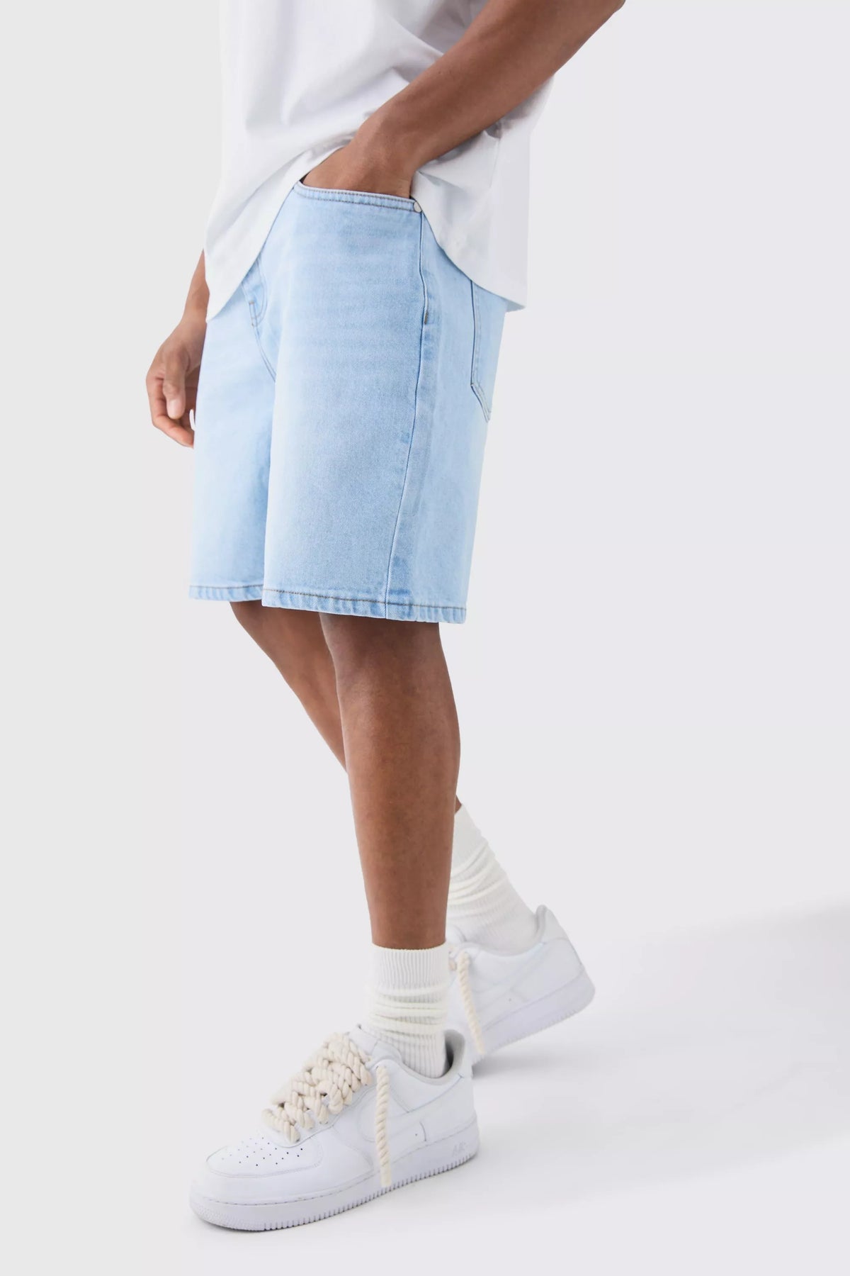 Relaxed Rigid Denim Shorts In Ice Blue