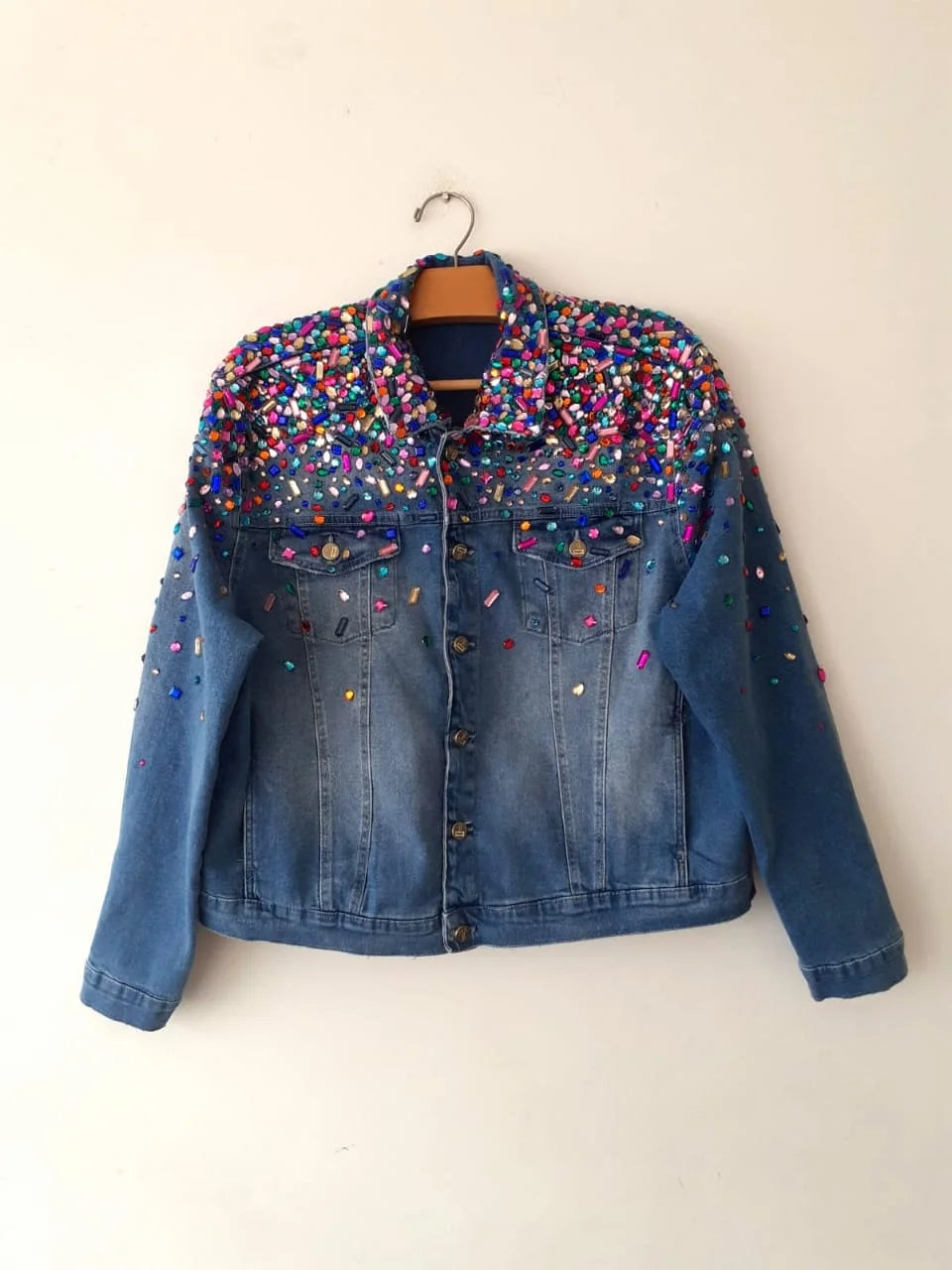 Women's Crystals Denim Jacket Front View - Ace Cart