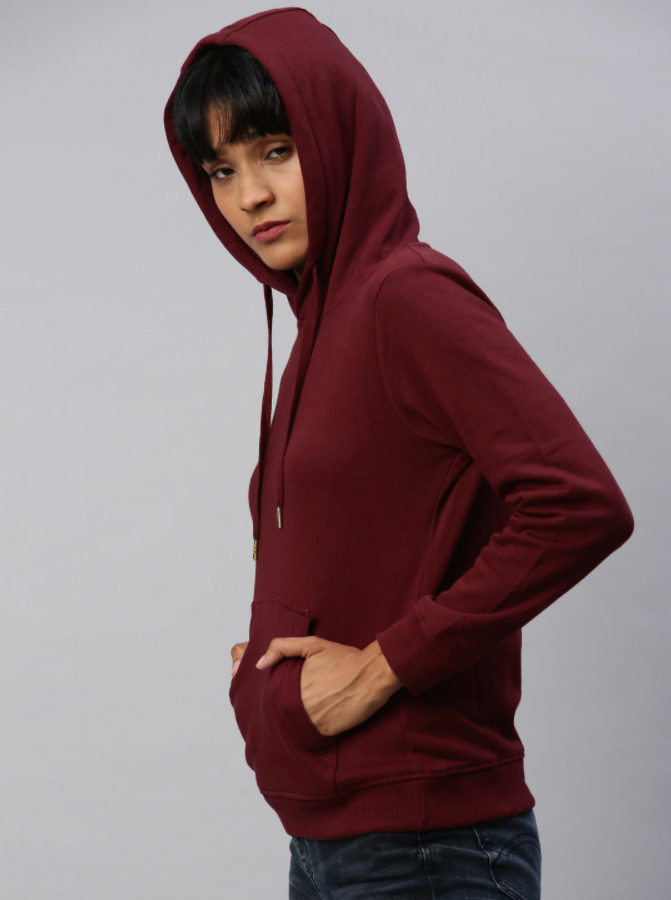 Ace Women Maroon Solid Hooded Pullover