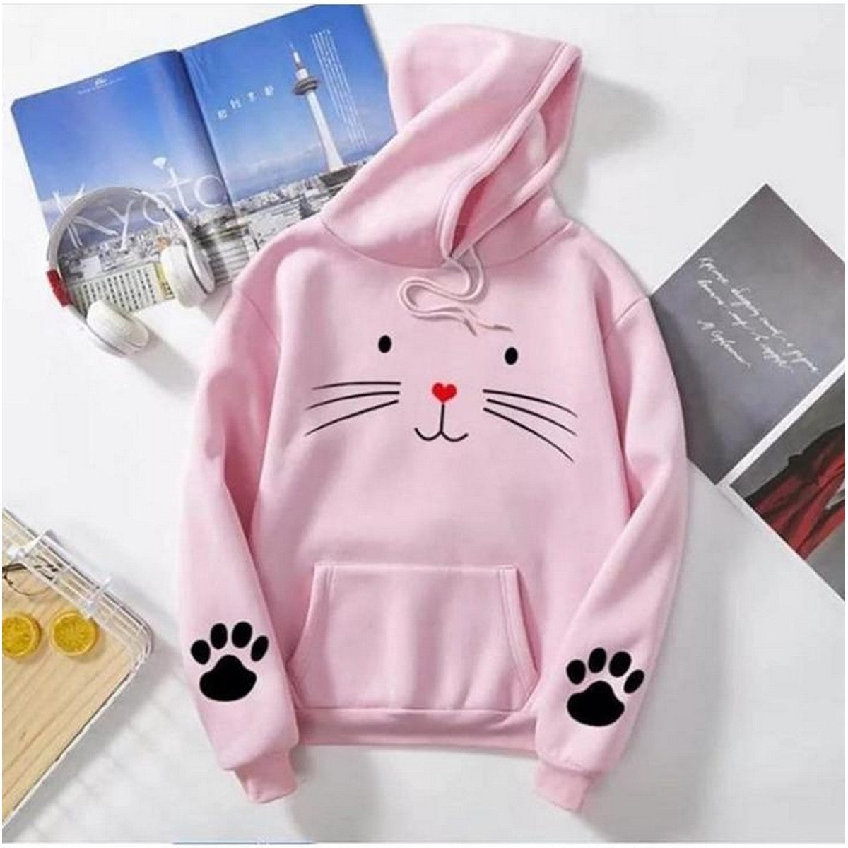 Cat Printed Fleece Full Sleeves Pull Over Hoodie For Women