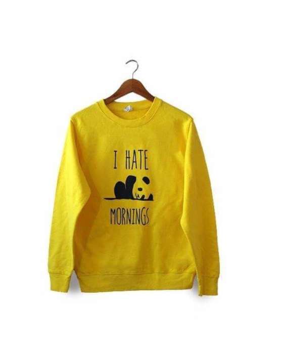 Yellow I Hate Mornings Print Sweat Shirt For womens - AceCart Warm Hooded Sweatshirt in Yellow