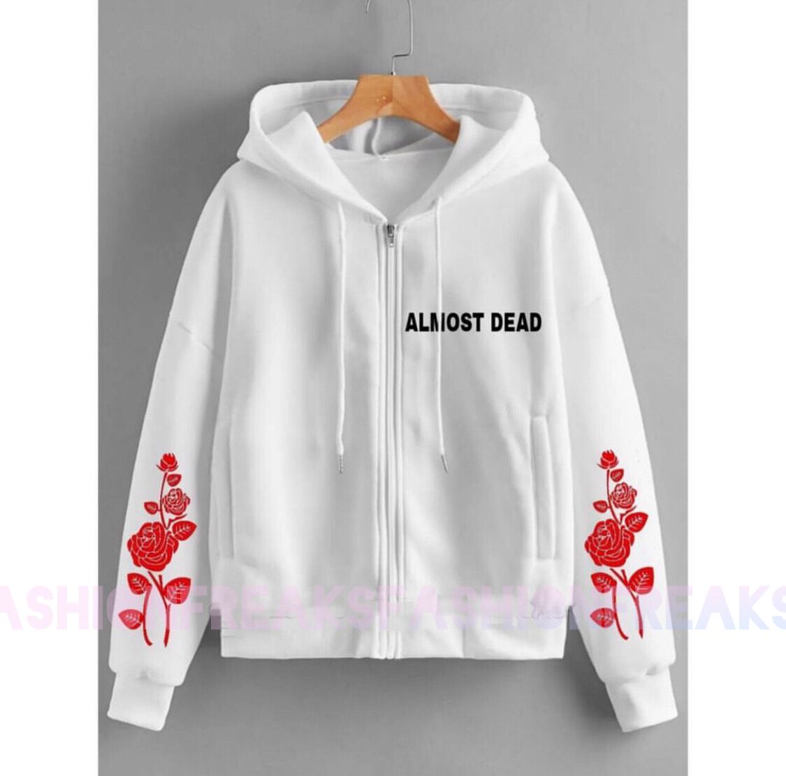 White Almost Dead Fleece Full Seeves Zipper Hoodie For Women