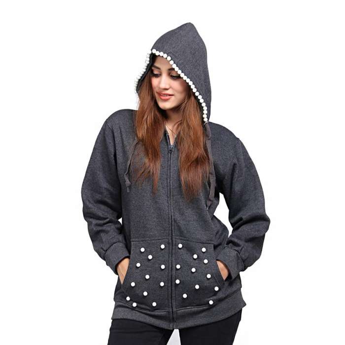 Grey Pearl Hood Embellished Zipper Hoodie For Women - AceCart Warm Hooded Sweatshirt in Grey