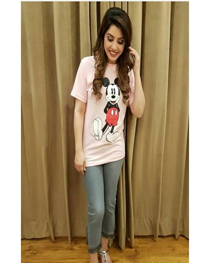 Pink Micky Cotton Printed T-Shirt For Women - Front View - AceCart