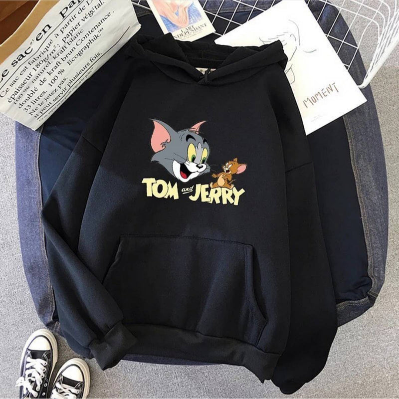 Black Tom And Jerry Fleece Full Sleeves Pull Over Hoodie For Women