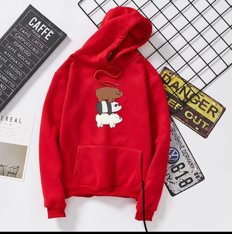 Red We Bare Bears Printed Fleece Full Sleeves Pull Over Hoodie For Women